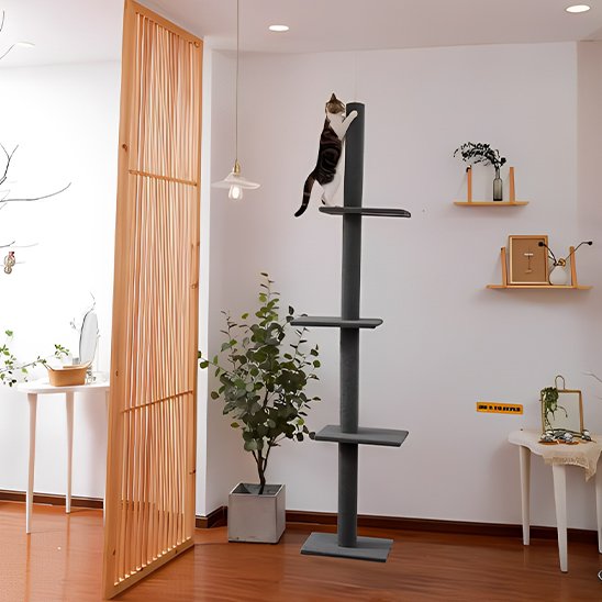 Arbre à chat design minimaliste avec plateformes murales et poteau griffoir dans un salon moderne
