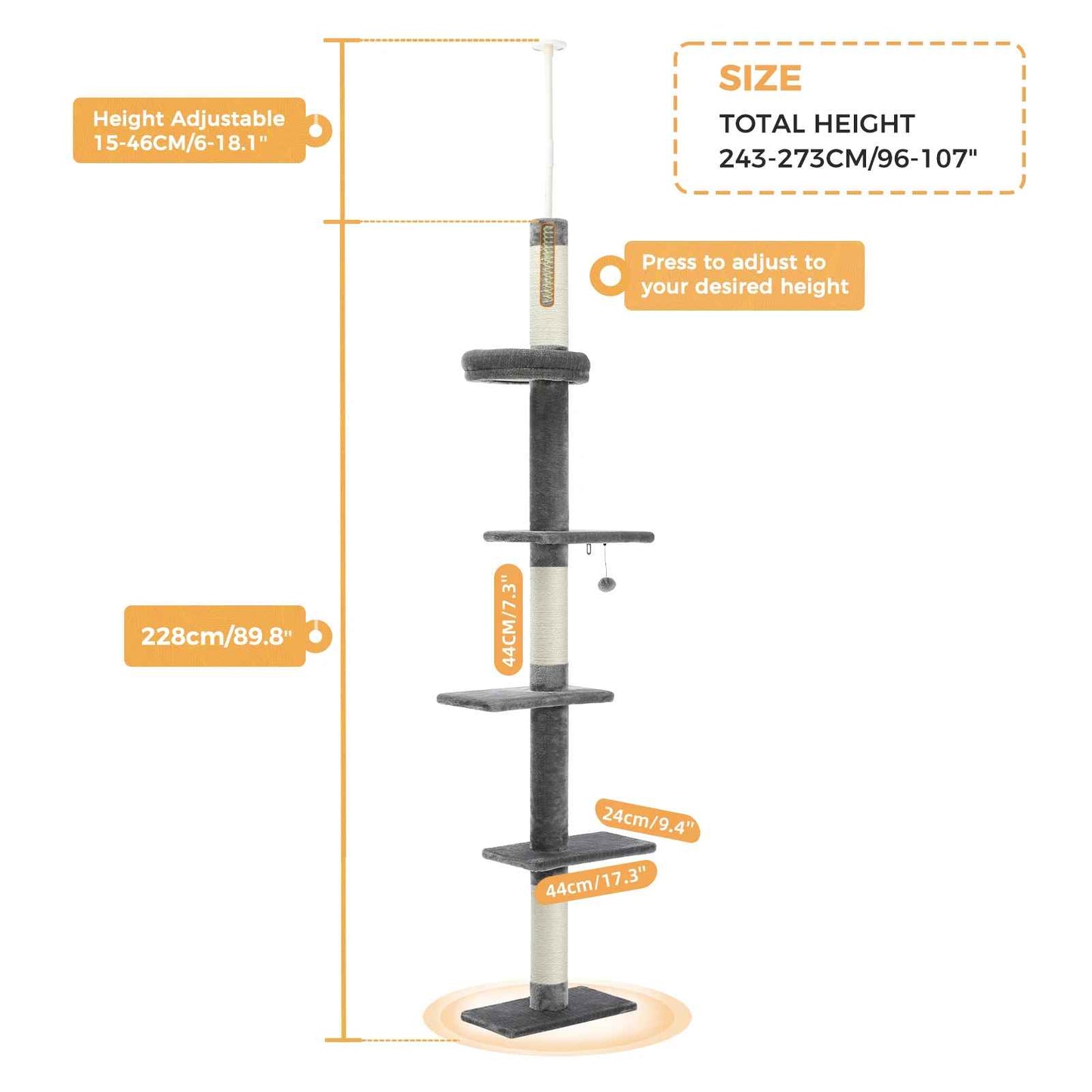 Arbre à chat design minimaliste avec hauteur réglable, plateformes et poteaux griffoirs
