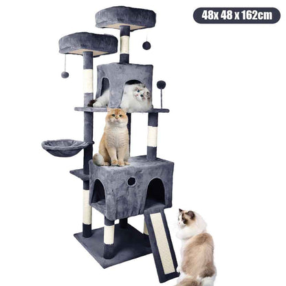 Arbre à chat gris avec niches, hamac, rampe et dimensions 48 x 48 x 162 cm, utilisé par plusieurs chats

