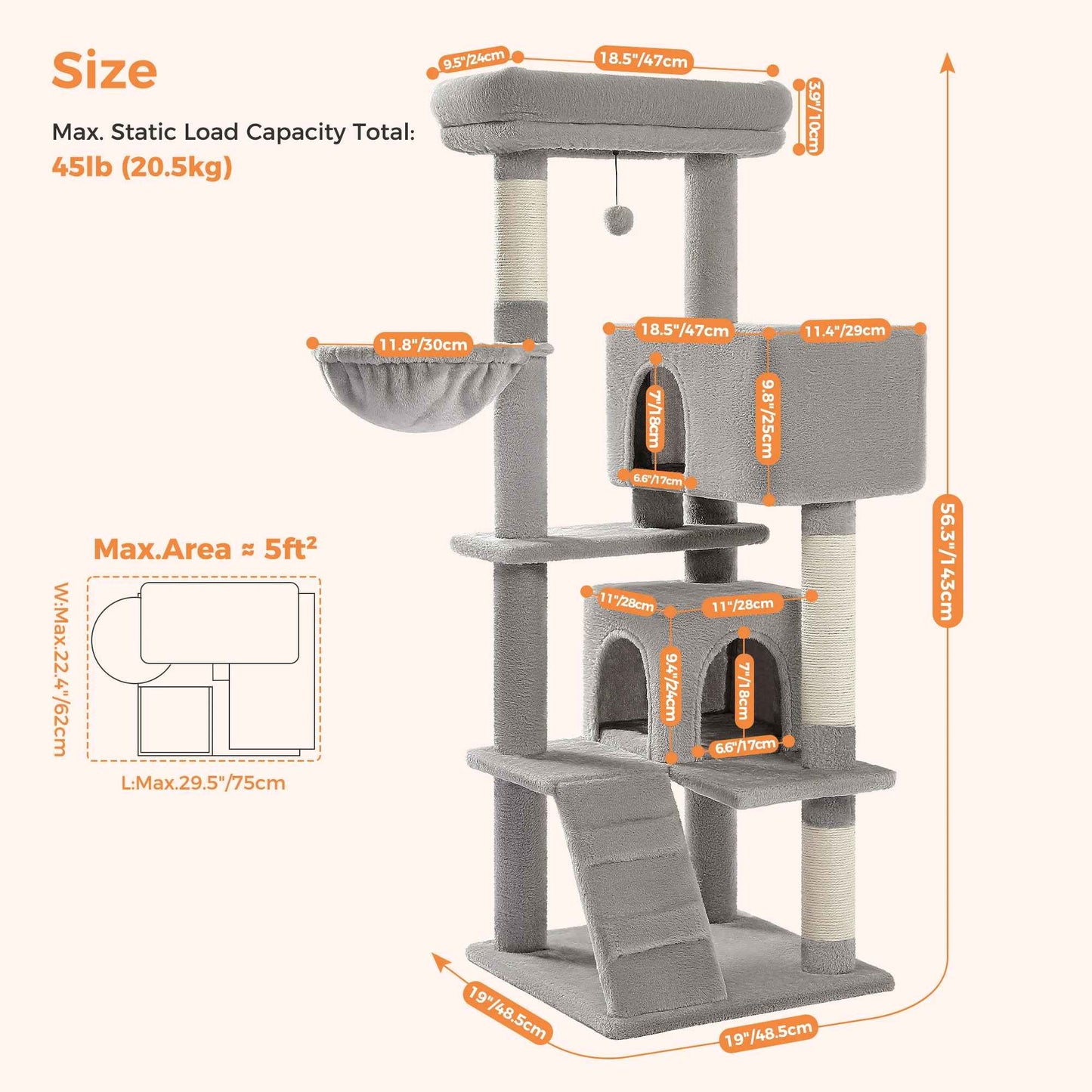 Schéma des dimensions d’un arbre à chat gris clair avec plateformes, niches, rampe et charge statique jusqu’à 20,5 kg
