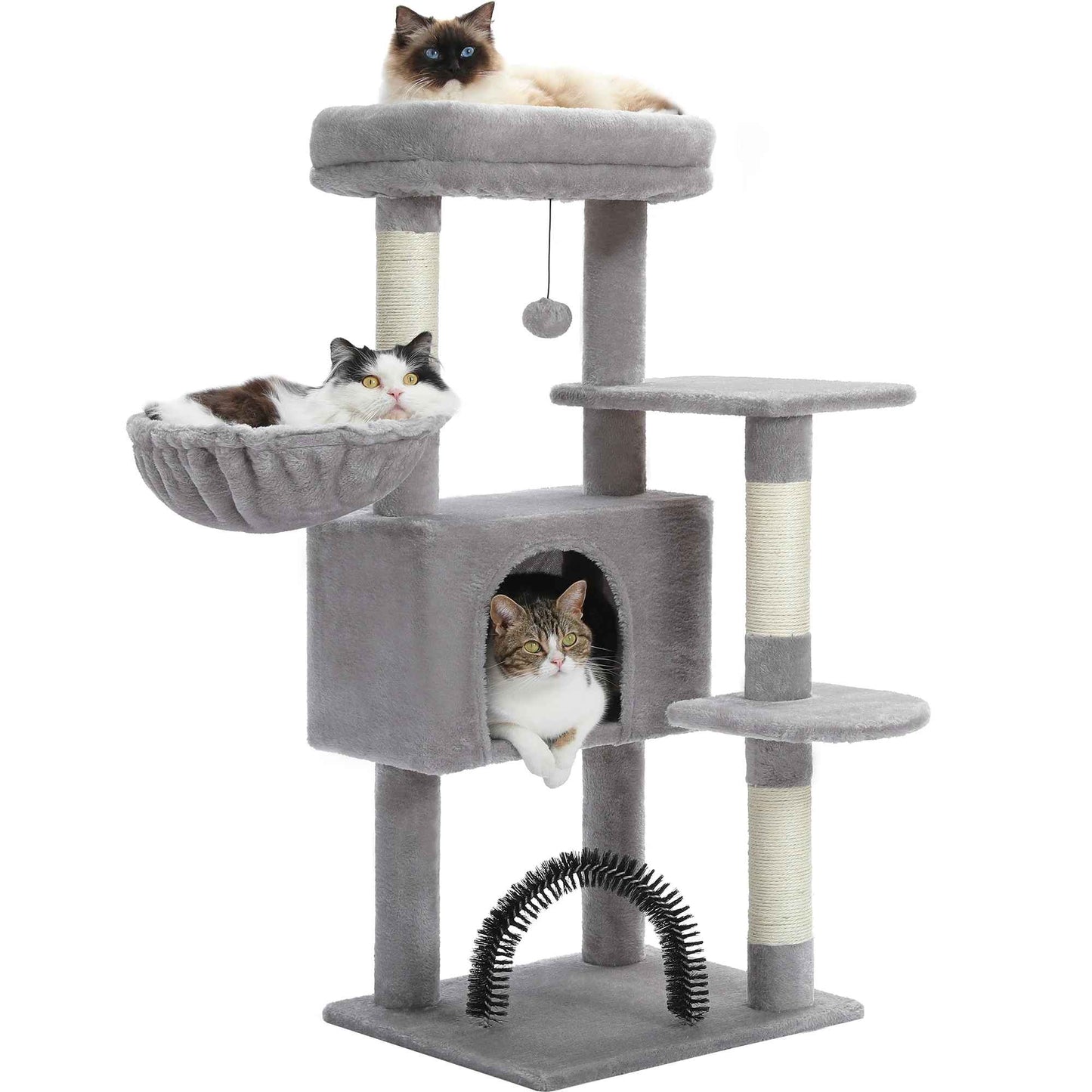 Arbre à chat gris clair avec niche, hamac, plateformes et plusieurs chats installés à différents niveaux
