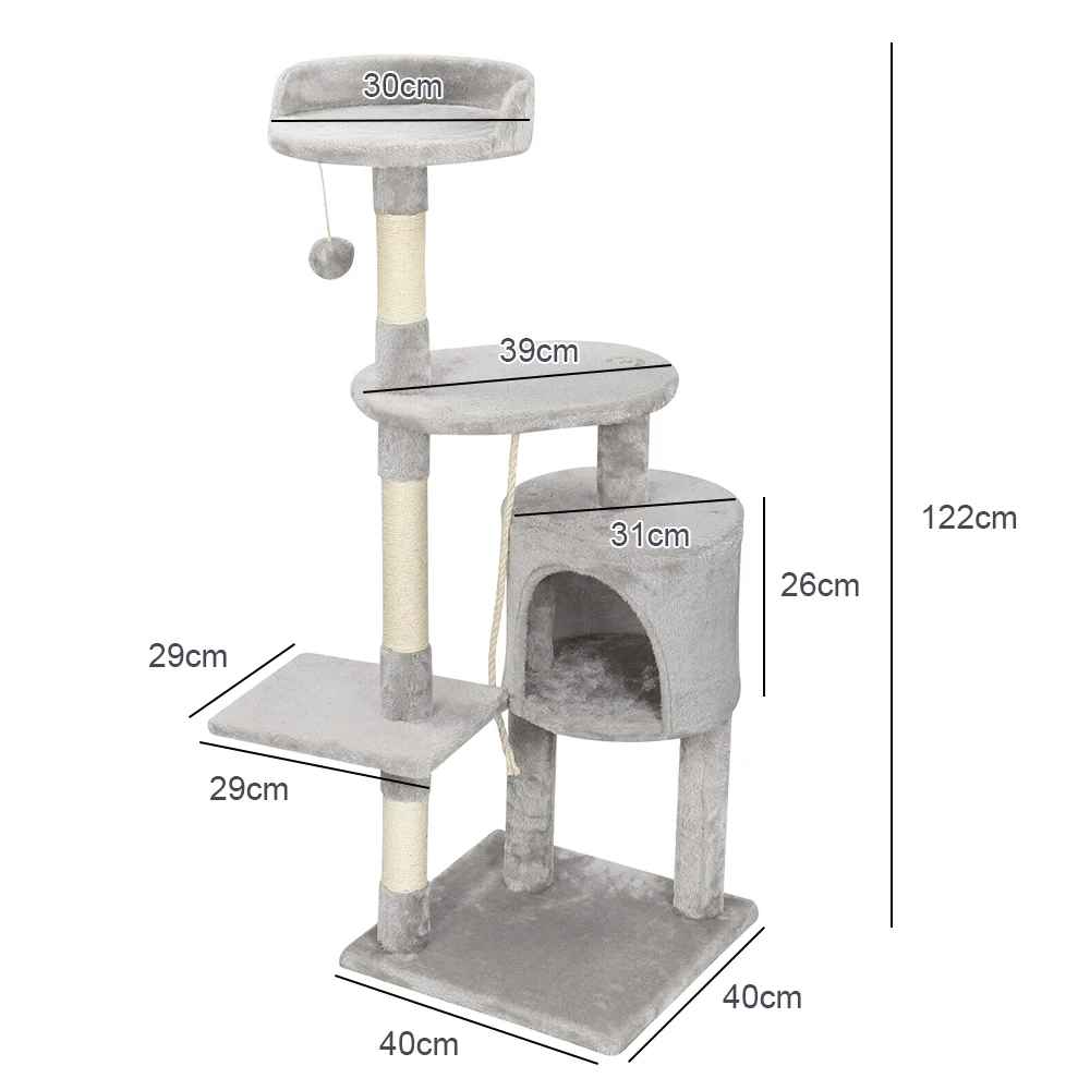 Schéma des dimensions d’un arbre à chat gris avec niche, plateformes et hauteur totale de 122 cm
