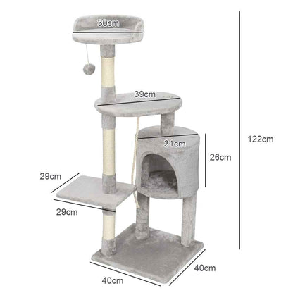 Schéma des dimensions d’un arbre à chat gris avec niche, plateformes et hauteur totale de 122 cm
