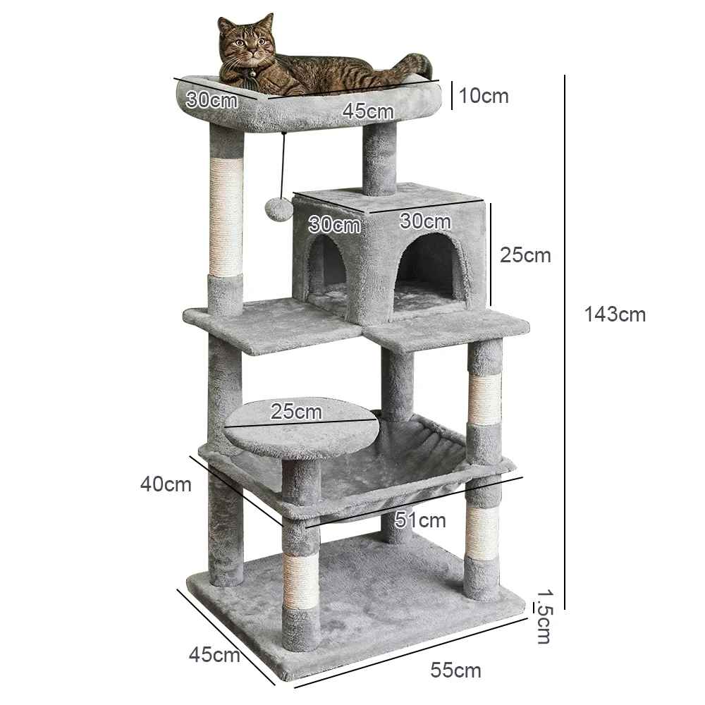 Schéma des dimensions d’un arbre à chat gris multi niveaux avec plateformes, niches, hamac et hauteur totale de 143 cm
