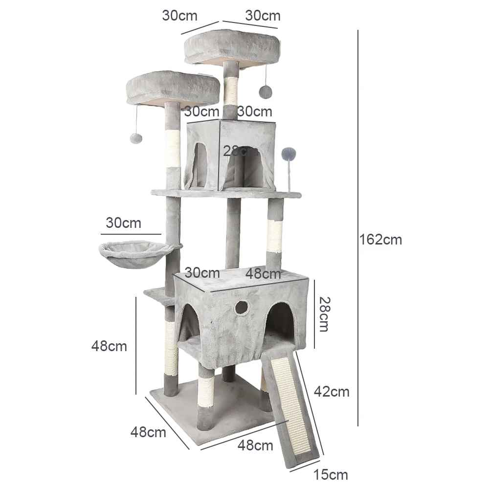 Schéma des dimensions d’un arbre à chat gris avec plateformes, niches, hamac, rampe et hauteur totale de 162 cm
