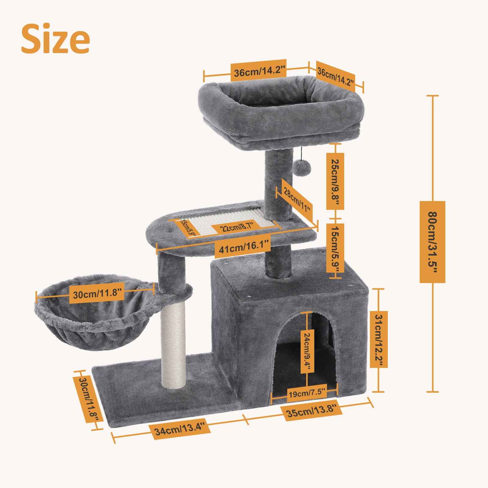 Schéma des dimensions d’un arbre à chat gris avec niche, hamac suspendu, plateformes et hauteur totale de 80 cm
