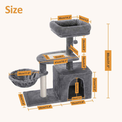 Schéma des dimensions d’un arbre à chat gris avec niche, hamac suspendu, plateformes et hauteur totale de 80 cm
