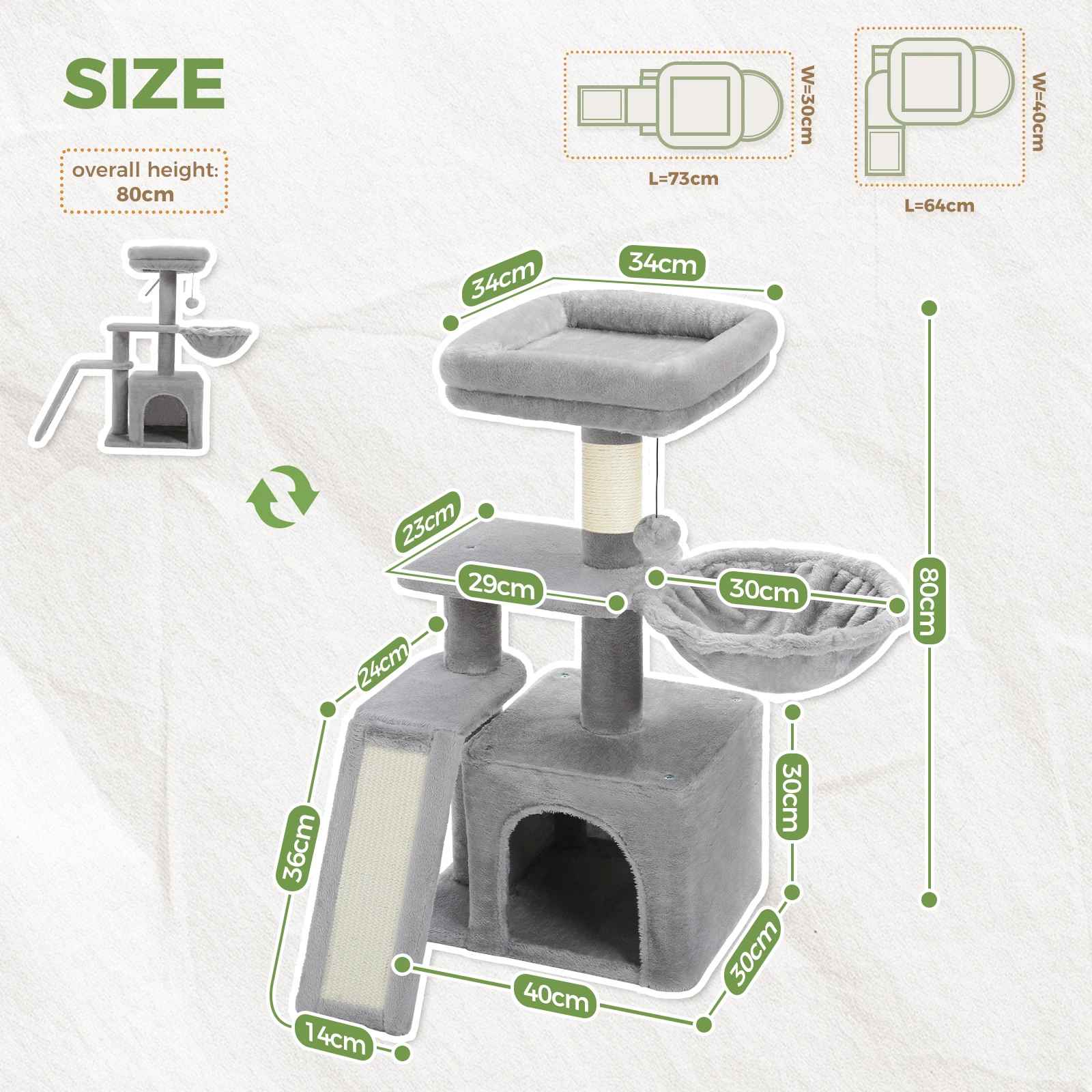 Schéma des dimensions d’un arbre à chat gris avec niche, hamac, rampe et hauteur totale de 80 cm
