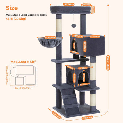 Schéma des dimensions d’un arbre à chat gris foncé avec plateformes, niches, rampe et charge statique jusqu’à 20,5 kg
