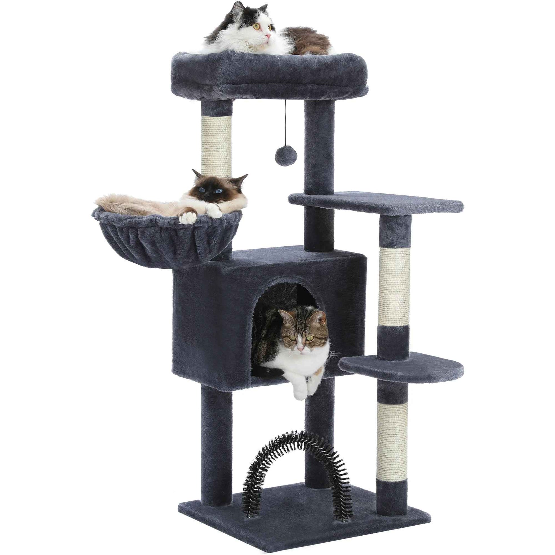 Arbre à chat gris foncé avec niche, hamac, plateformes et plusieurs chats
