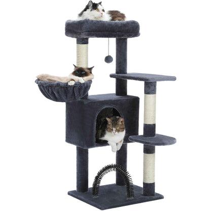 Arbre à chat gris foncé avec niche, hamac, plateformes et plusieurs chats
