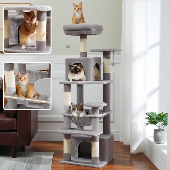 Arbre à chat gris multi niveaux avec niches, hamac et plateformes, avec zooms sur les espaces de repos
