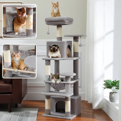 Arbre à chat gris multi niveaux avec niches, hamac et plateformes, avec zooms sur les espaces de repos
