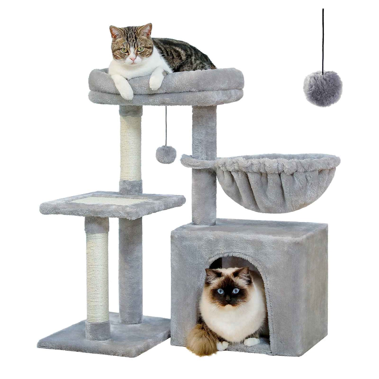 Arbre à chat gris avec niche au sol, hamac suspendu, plateformes et balle suspendue pour jouer
