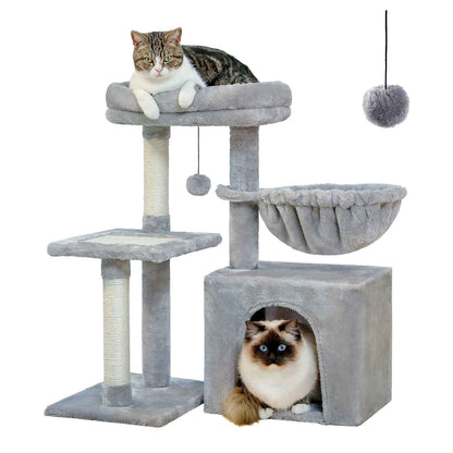 Arbre à chat gris avec niche au sol, hamac suspendu, plateformes et balle suspendue pour jouer
