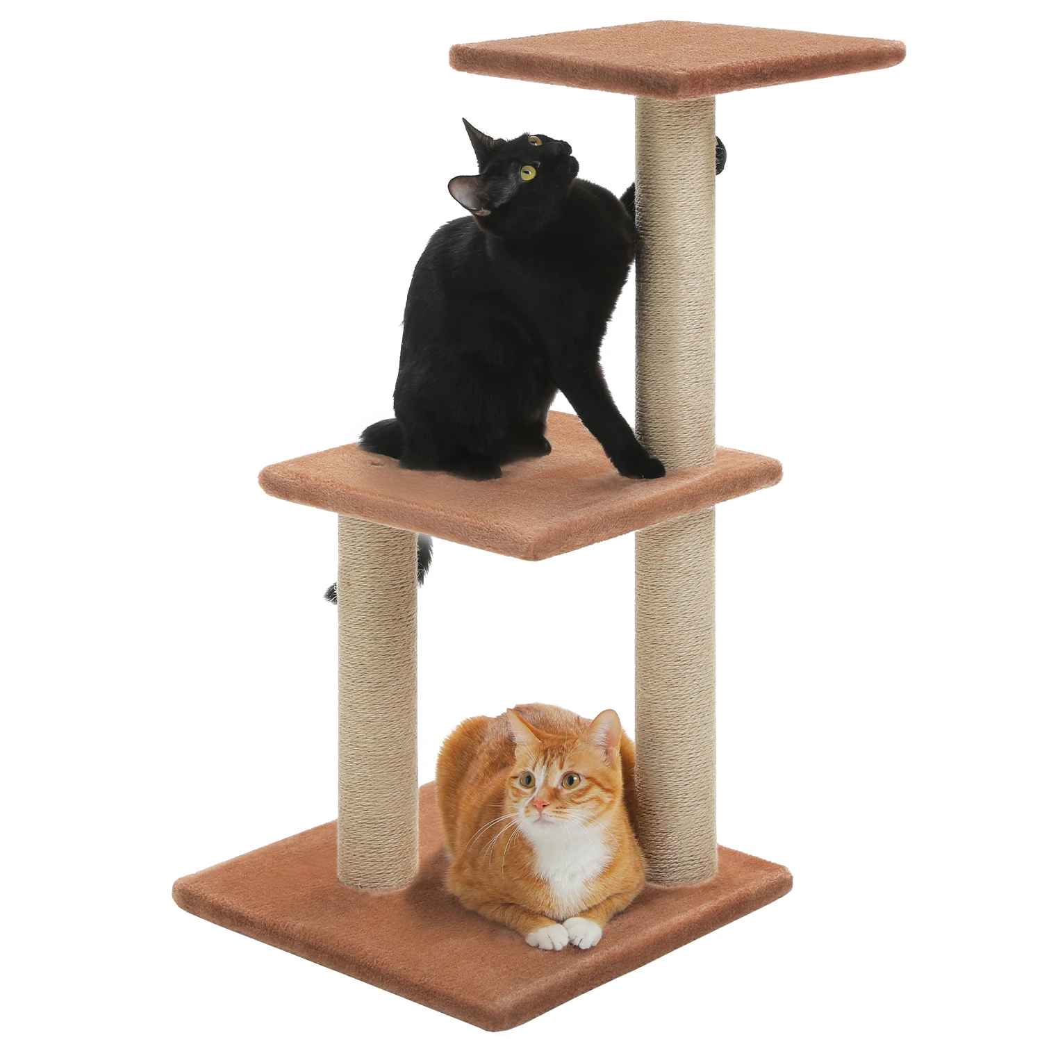 Arbre à chat marron avec deux plateformes et poteaux griffoir où deux chats sont installés
