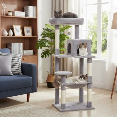 Arbre à chat gris multi niveaux avec plateformes, niches et hamac installé dans un salon lumineux avec plusieurs chats
