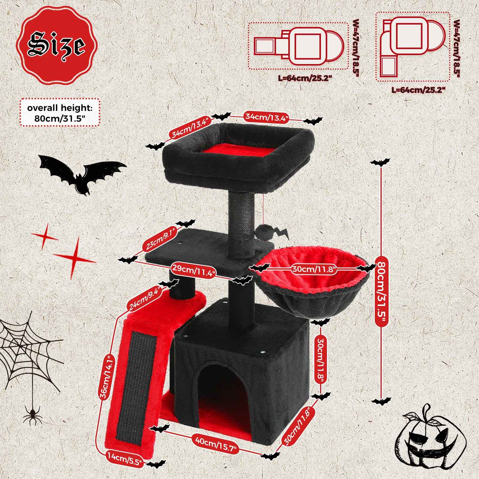 Schéma des dimensions d’un arbre à chat noir et rouge avec niche, hamac, rampe et hauteur totale de 80 cm
