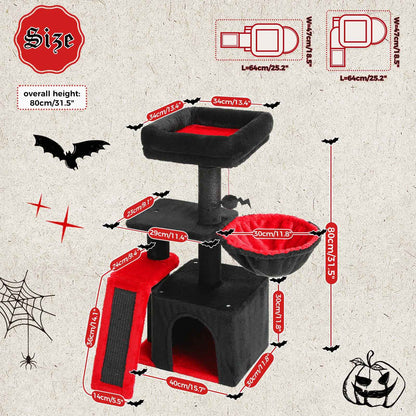 Schéma des dimensions d’un arbre à chat noir et rouge avec niche, hamac, rampe et hauteur totale de 80 cm
