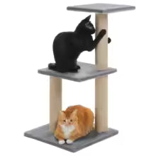 Arbre à chat simple avec deux plateformes et poteaux griffoir où deux chats se reposent
