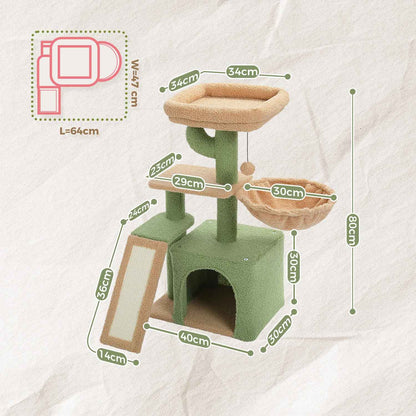 Schéma des dimensions d’un arbre à chat vert et beige avec niche, hamac, rampe et hauteur totale de 80 cm

