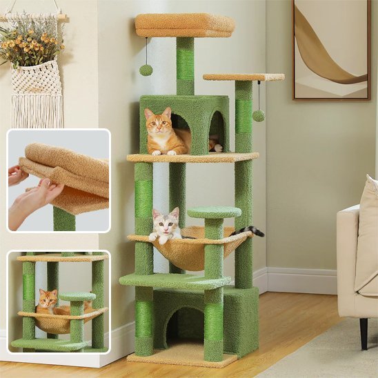 Arbre à chat vert et beige multi niveaux avec niches, hamac et plateformes, avec gros plan sur la surface supérieure
