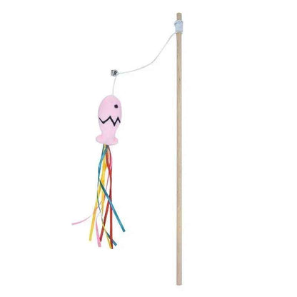 Canne à pêche pour chat avec poisson rose et rubans colorés
