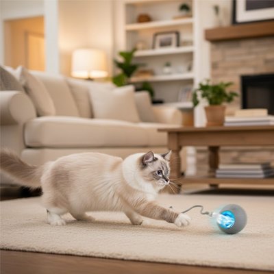 chat jouant avec une balle interactive lumineuse sur un tapis
