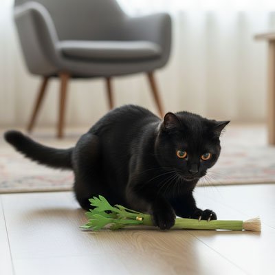 chat noir jouant avec un jouet interactif au sol