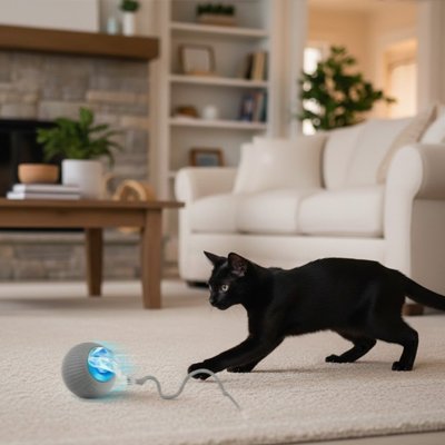 chat noir poursuivant une balle interactive lumineuse au sol

