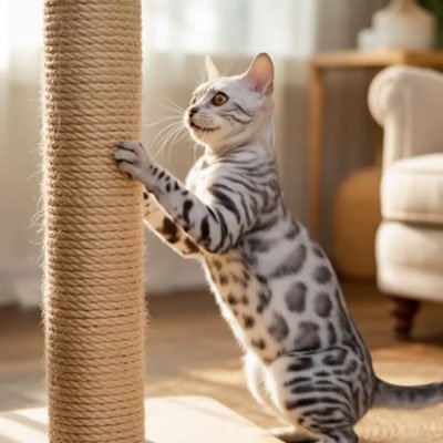 Chat tigré utilisant une corde en sisal naturelle enroulée autour d’un poteau d’arbre à chat dans un salon lumineux
