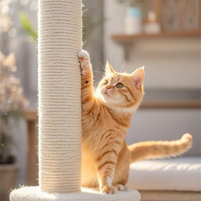 Chat roux qui griffe une corde en sisal naturelle pour arbre a chat NaturPlay
