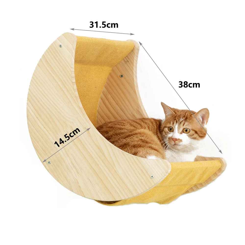 Couchage mural pour chat en bois avec toile intérieure et dimensions indiquées pour l’installation
