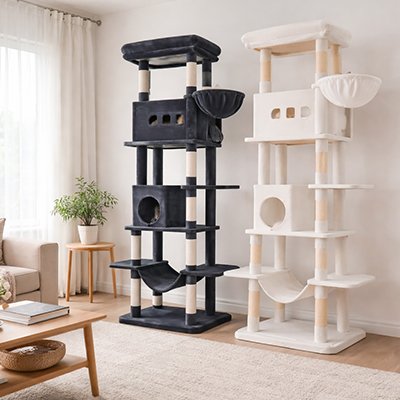 Deux arbres à chat XXL de 210 cm avec cinq niveaux dans un intérieur
