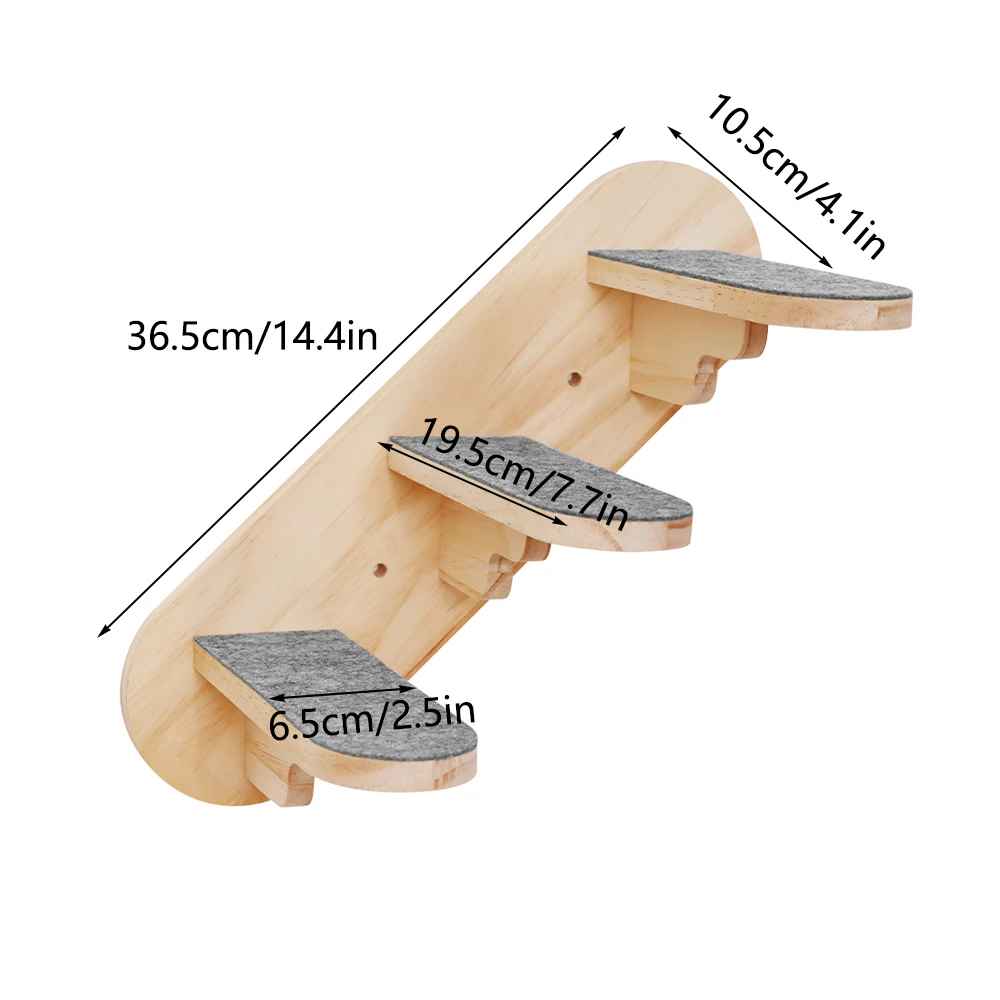 Escalier mural pour chat en bois avec surfaces antidérapantes et dimensions indiquées pour l’installation
