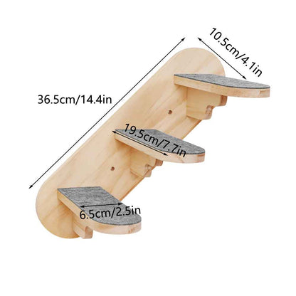 Escalier mural pour chat en bois avec surfaces antidérapantes et dimensions indiquées pour l’installation
