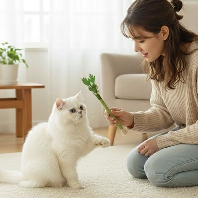 femme jouant avec un chat blanc à l’aide d’un jouet interactif