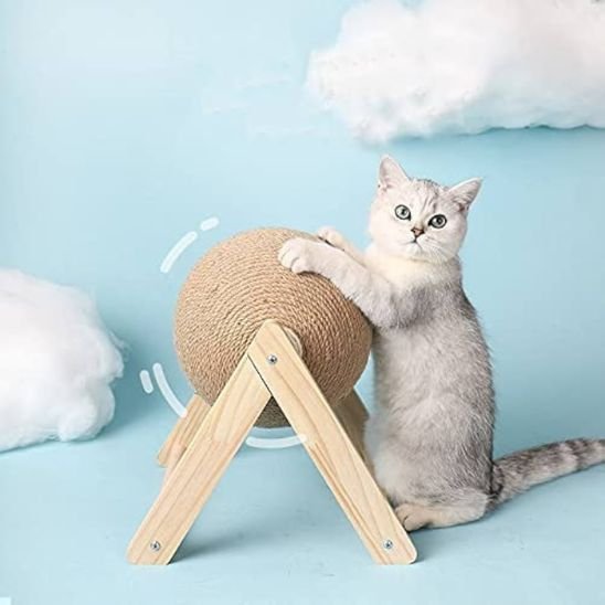 chat qui fait ses griffes sur un griffoir boule en sisal