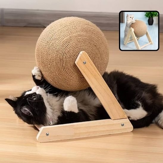 griffoir boule pour chat en sisal avec support en bois naturel
