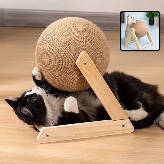 griffoir boule pour chat en sisal avec support en bois naturel
