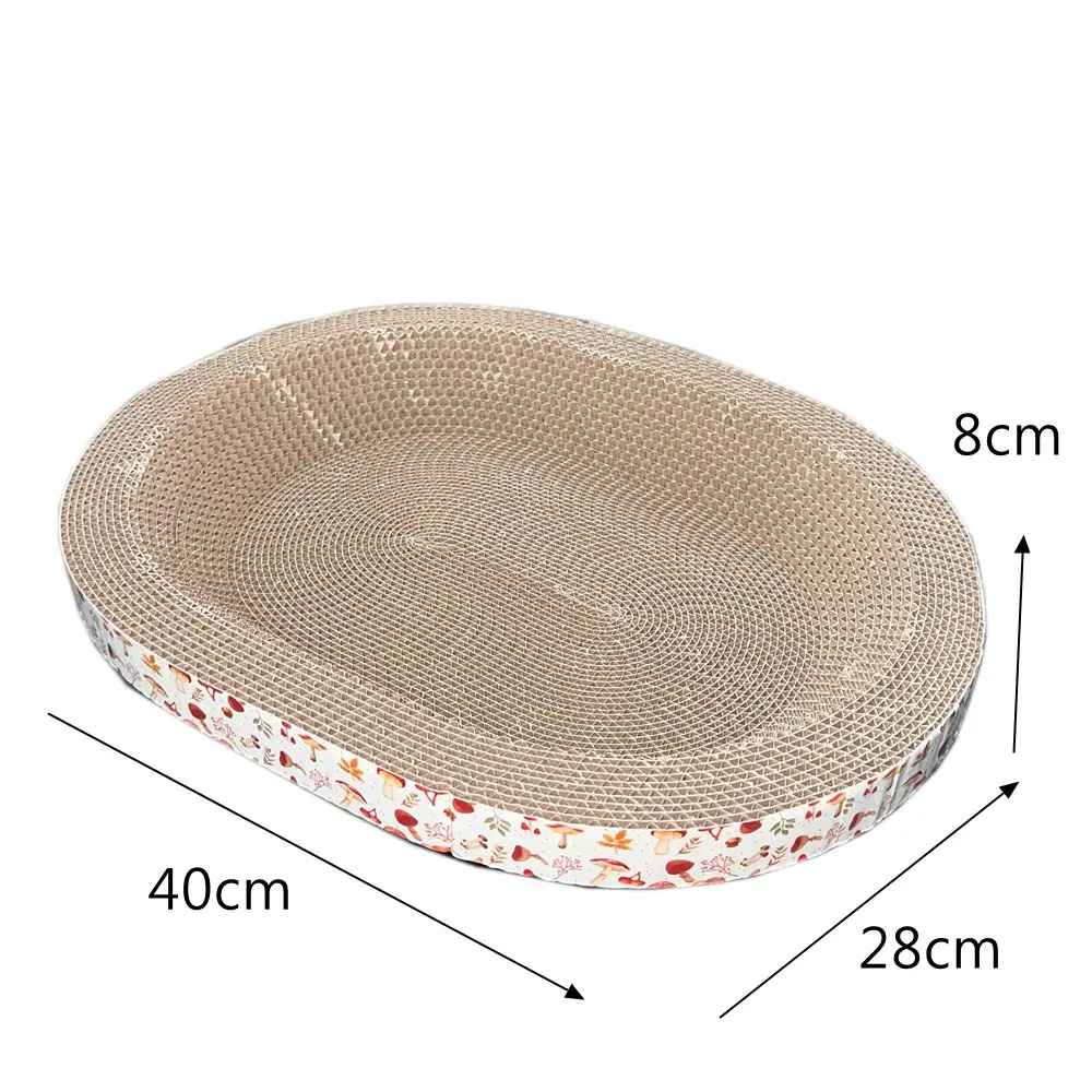 Griffoir en carton ovale pour chat avec dimensions indiquées de 40 par 28 cm et hauteur de 8 cm contour blanc

