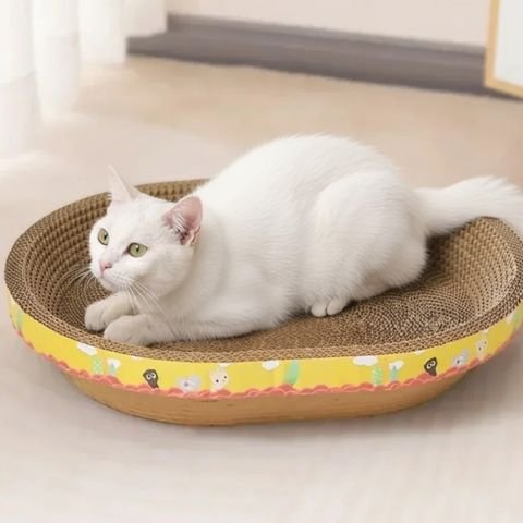 Chat blanc allongé dans un griffoir en carton ovale avec bordure décorative colorée
