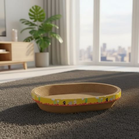 Griffoir en carton ovale pour chat posé sur un tapis dans un salon lumineux
