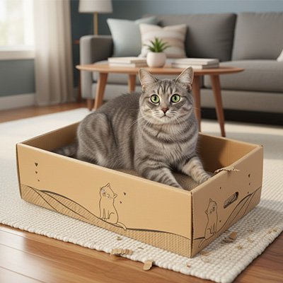 Chat gris assis dans une boîte griffoir en carton recyclé posée sur un tapis devant un canapé

