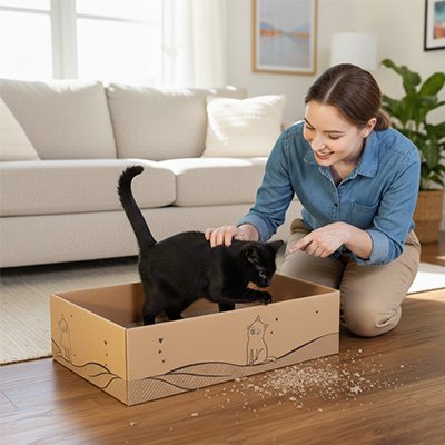 Personne agenouillée jouant avec un chat noir dans une boîte griffoir en carton recyclé dans un salon
