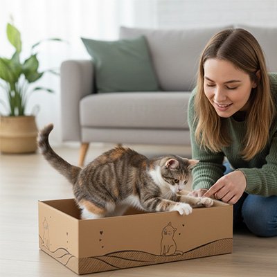 Personne jouant avec un chat tigré dans une boîte griffoir en carton recyclé posée au sol dans un salon

