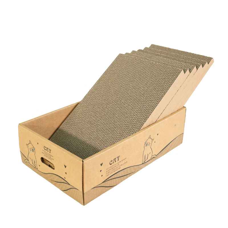 Boîte griffoir en carton recyclé pour chat avec plusieurs plaques de recharge empilées à l intérieur
