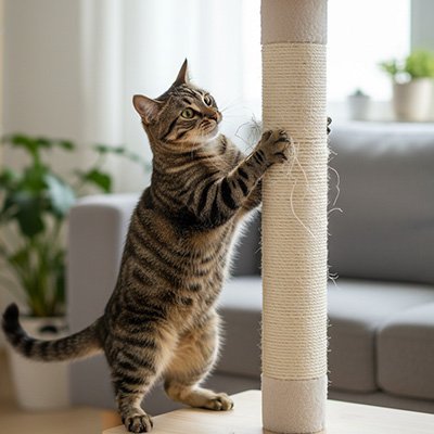 Chat tigré dressé contre une colonne griffoir en sisal naturel dans un salon moderne
