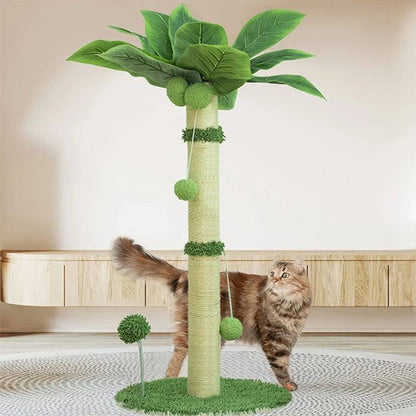 Chat tigré jouant autour d un griffoir en forme d arbre avec feuilles vertes et boules suspendues
