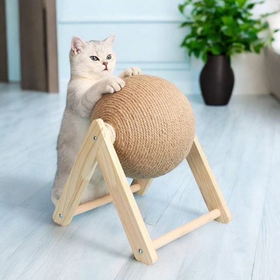 griffoir boule pour chat design en bois naturel dans un salon